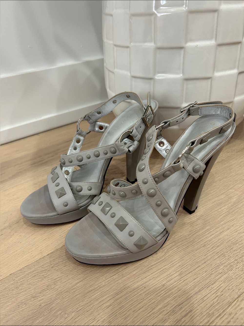 Barbara Bui Light Gray Studded Strappy High Heels 39